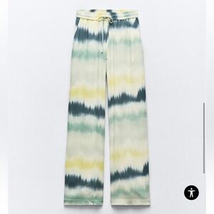 ZARA Pants Palazzo  FLOWING TIE DYE Blue TROUSERS Drawstring SIZE L